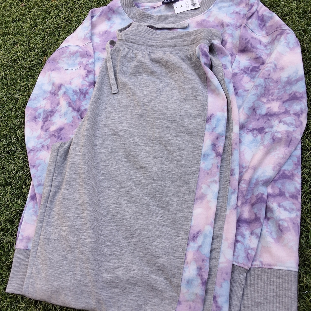 Splendid Purple and Light Blue Tie-Dye Pullover with Grey Joggers